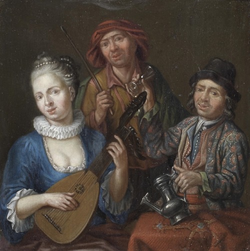 Matthys Naiveu (1647 - 1721)A woman playing a lute, seated at a table with others drinking