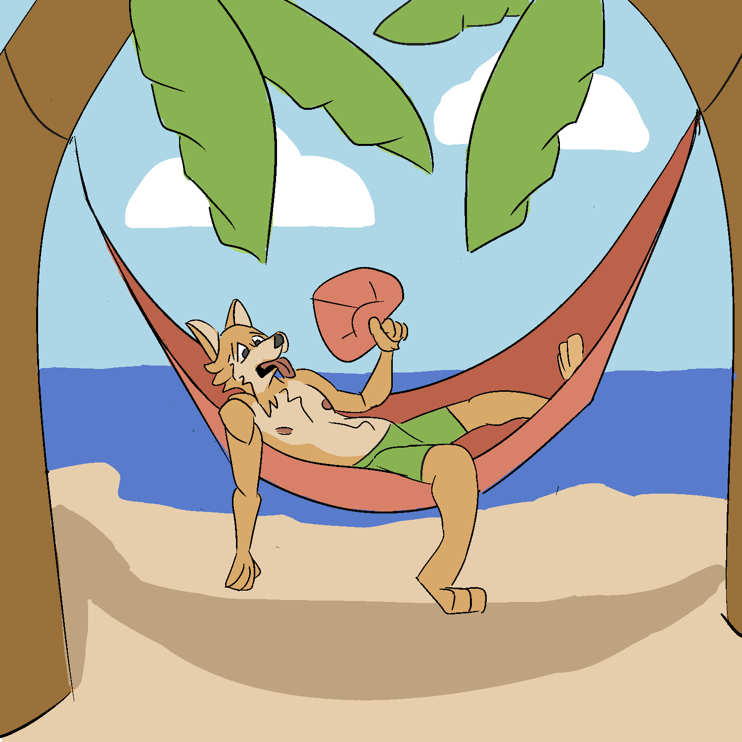 A tan furry dog lounges on a hammock by the seaside.