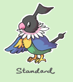 princess-paigeling:  some pokemon variations of my babie ChatotThey’re based on actual lovebird species/mutations. Standard Chatot is (presumably) inspired by a blue masked lovebird. &lt;3