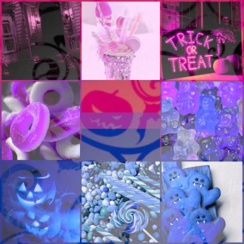 Bi- + Halloween & Candy Aesthetic[ID:  the first image is an aesthetic board with nine pictures 