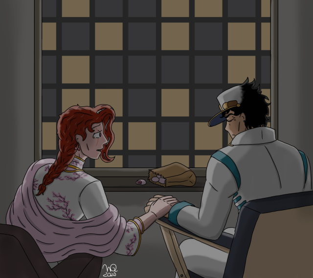 Jojo\'s Bizarre Adventure fan art of Kakyoin Noriaki leaning out of his chair in front of a window to rest his hand on Jotaro Kujo\'s, sitting next to him. The atmosphere is dark and tension-filled.