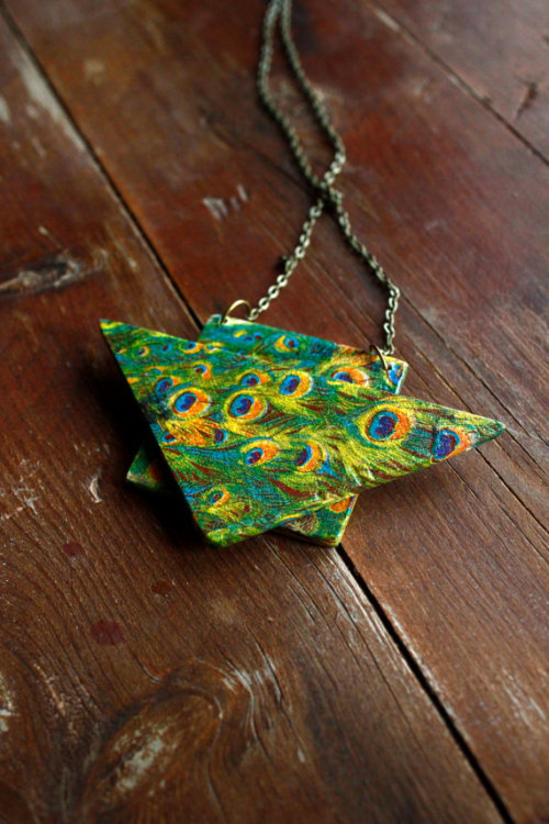 Peacocks geometric wooden necklace by TACEHandmade.