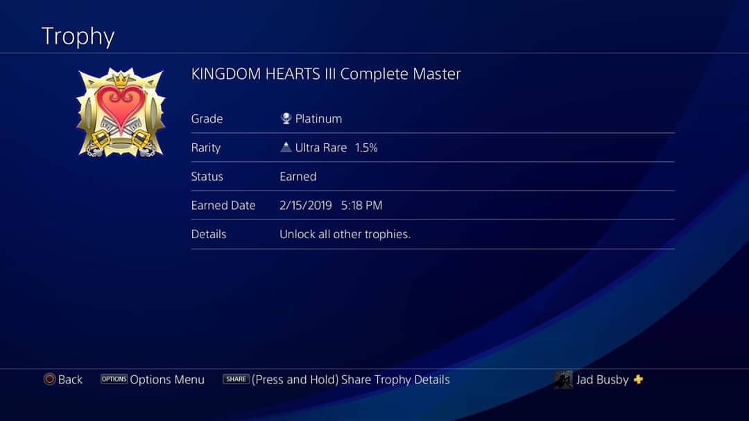 Platinum trophy acquired for Kingdom Hearts 3.  #kingdomhearts3 #platinumtrophy #playstation4