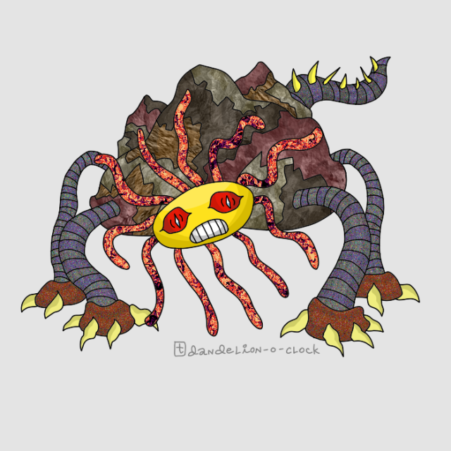 Mountainbeast[ID: Digital drawing of a four-legged creature with a body shaped like several mounds of earth in different shades of brown and textured like rocks. The creature’s face is a yellow oval with bright red eyes and gritted teeth. Long tendrils of lava emerge from around the head like hair. Its legs are striped in grey and purple and end in red feet with large yellow claws. The tail is striped in grey and purple with yellow spikes. End ID.] #creature design#monster design #artists on tumblr  #artist on tumblr #digital art#digital illustration#art#illustration#monsters#creatures#monster#krita#artwork#image description#image described#described#assorteddandelions