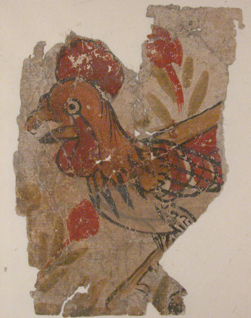 Watercolour painting of a rooster on paper, 10th-11th century.  Found in Fustat, Egypt.&nb