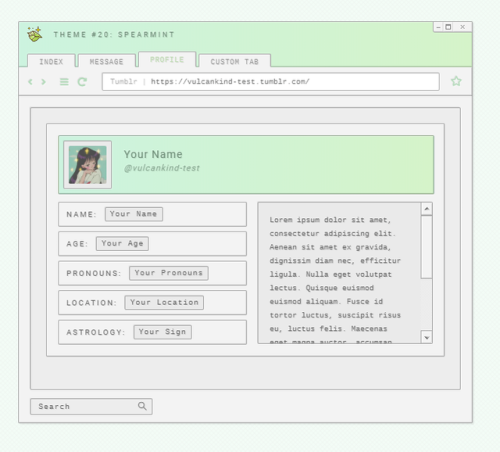 vulcankind: Theme #20: Spearmint Features 450px posts Up to 4 custom links Optional: search bar, tin