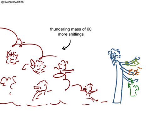 The fourth part of a five-part comic. Mumbo stands, flabberghasted, as a thundering mass of 60 more shitlings make their way towards him.