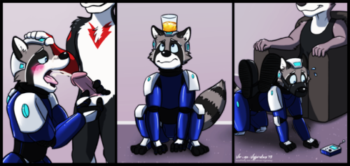 Commission for BusterLark of his lewd coon in a robosuit that makes him do stuff!