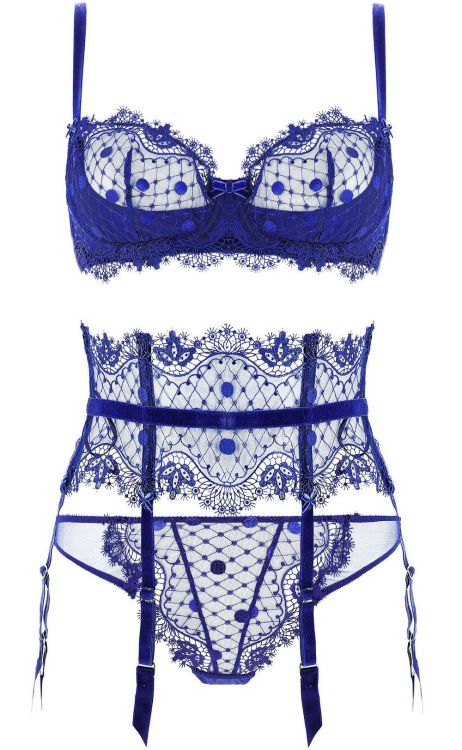 Dita Von Teese | Vedette • in Capri Blue eyelash lace + dot motif + velvet bows + straps