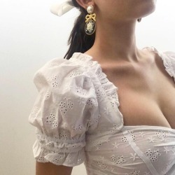 coquettefashion:White Eyelet Puff Shoulder Corset Crop Top