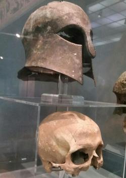 coolartefact:  Corinthian helmet from the Battle of Marathon (490 BC) found with the warrior’s skull inside. Source: https://imgur.com/OX9xORy