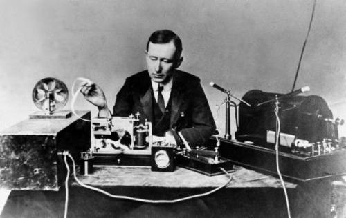 Guglielmo Marconi with one of his first long distance radio transmitters, 1890s.