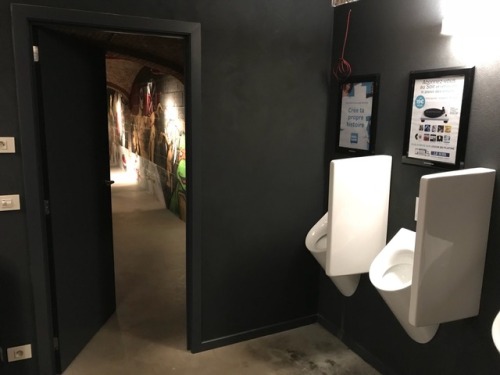 Cool toilets in the cave of Il Capriani Italian restaurant at Docks shopping mall in Brussels.The wa