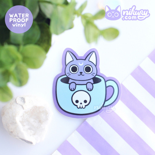 nikury:Happy and meowgical weekend ☕️✨ Here’s the tea/coffee cup kitty sticker &amp; pin d