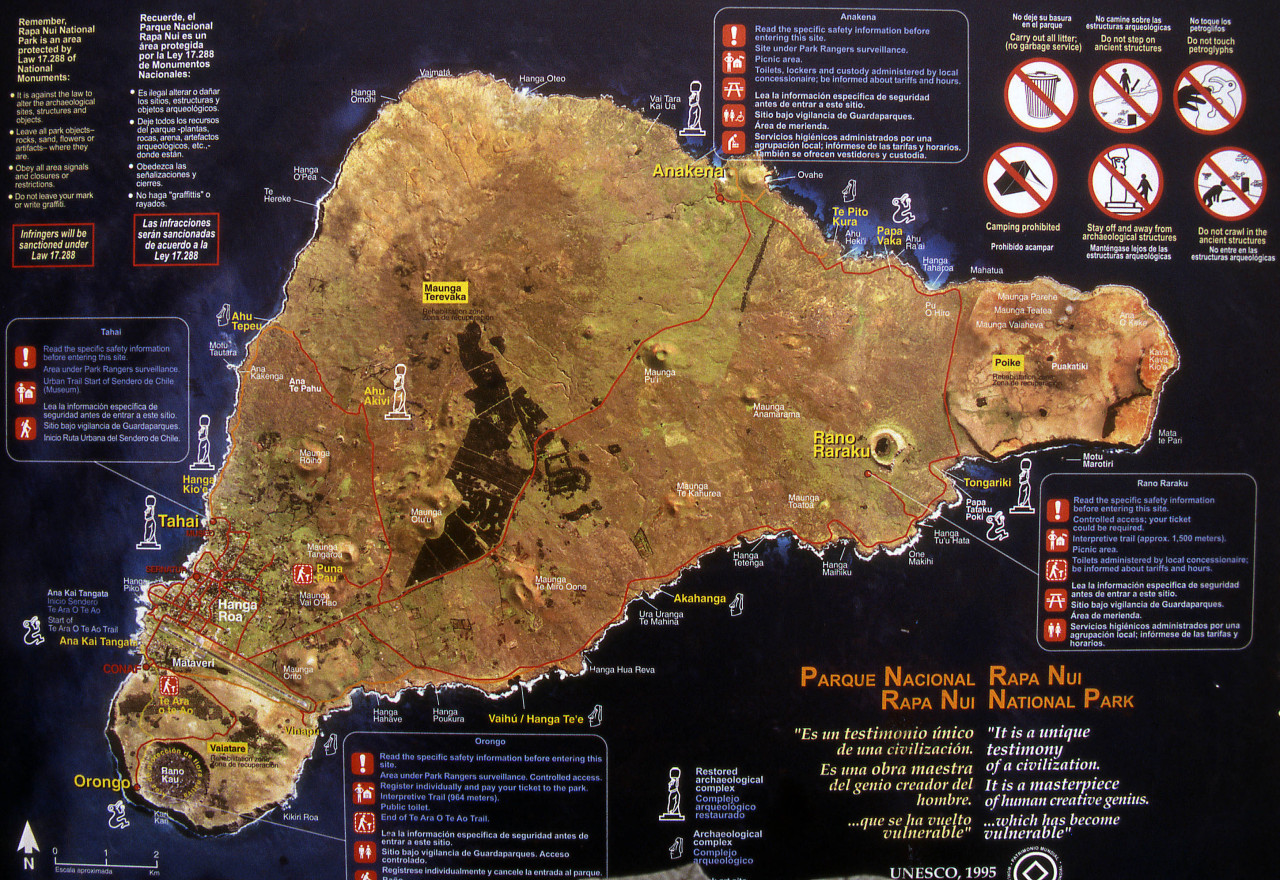 Map of Rapa Nui National Park, Easter Island.