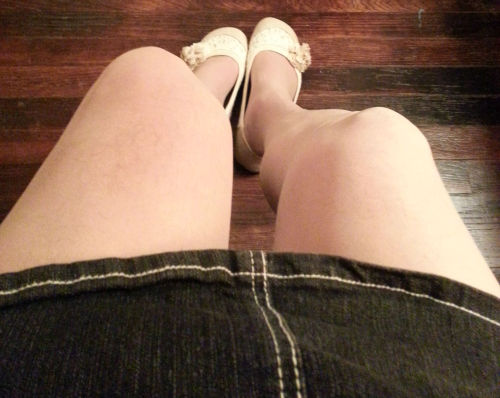 Cute Jellypop flats, nude sheer to the waist pantyhose and a new denim mini skirt. The last picture 