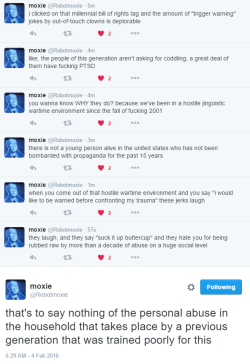 cockatielcutie:  @robotmoxie​ got to talking over on twitter and absolutely killed it with this thread   Yeah it really annoys me whenever anyone takes the piss outta trigger warnings :P like it doesn’t take much effort or time to write “tw; ____”