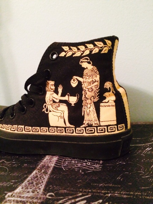 ave-puella:departingthetext:A pair of Converse that I painted based on Greek red-figure pottery! The