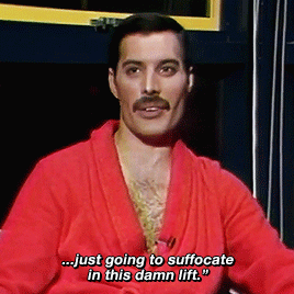 cody-fern:Freddie Mercury talking about Queen getting stuck in an elevator (interview from 1984)