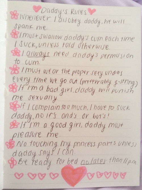 daddyswetkitty:  Daddy’s rules that I must memorize and follow! Sorry for the sloppy handwriting hehe ^.* xox 