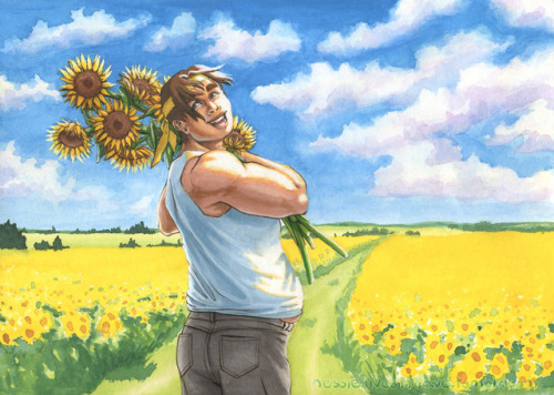 nessielivesincave:A gift for @daimeiwakuvld, happy Hunk with sunflowers :D 