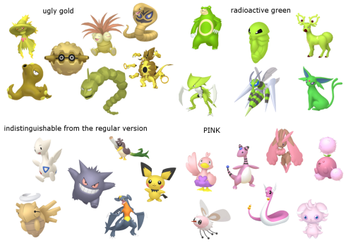 sylveonwishes:sylveonwishes:types of shiny pokemonugly goldradioactive greenindistinguishable from the regular versionPINKdid they randomize the colors?? why does it look like this???gold but it’s not uglythe dominant color was replaced with bright