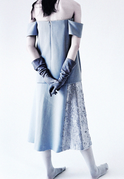 deprincessed:  Minimal Dream: Model wears a powdery pale blue off the shoulder crepe top and matchin