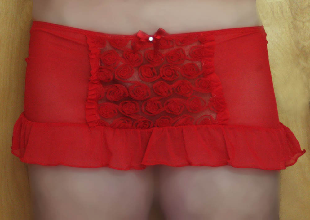 heatherspanties:Cute little red lingerie skirt! Can you tell I am not wearing any