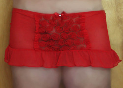 heatherspanties:Cute little red lingerie skirt! Can you tell I am not wearing any panties?