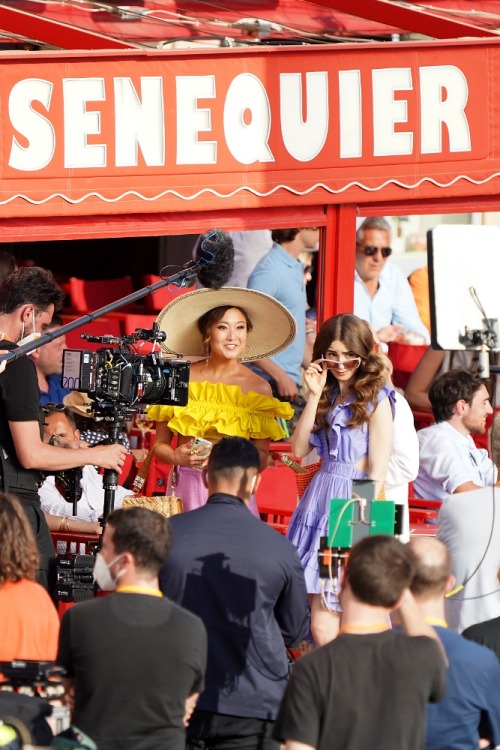 Lily Collins, Ashley Park and Camille Rataz filming Emily In Paris in Villefranche-sur-Mer (C&o