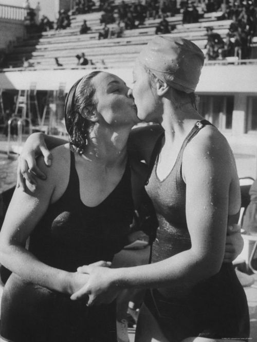 back-then:Maria Gavrish kissing Ella Kovalenko who defeated her in breast stroke. 1956 Photo: Lisa L