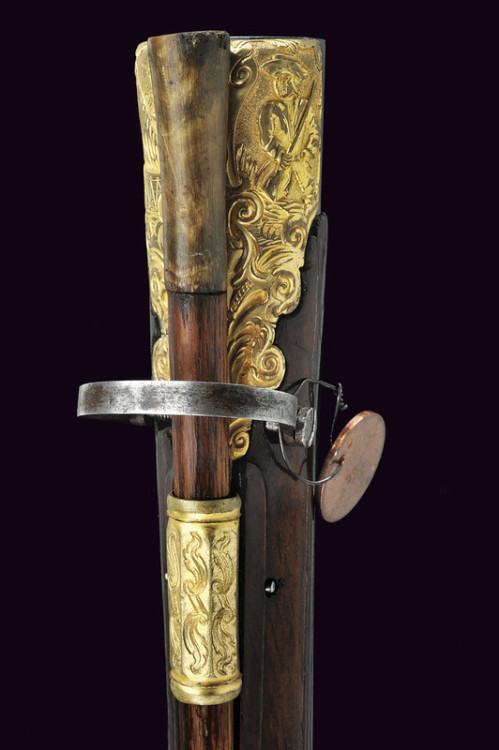 Flintlock rifle decorated with gilt brass, crafted by G. B. Kirchberger of Carlsbad. Bohemia, mid 18