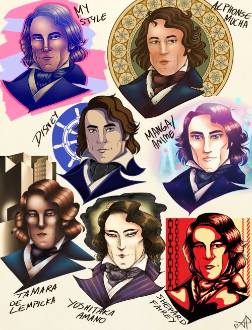 art style challenge ft james fitzjames[top left to right: my style, alphonse mucha, disney, manga/an