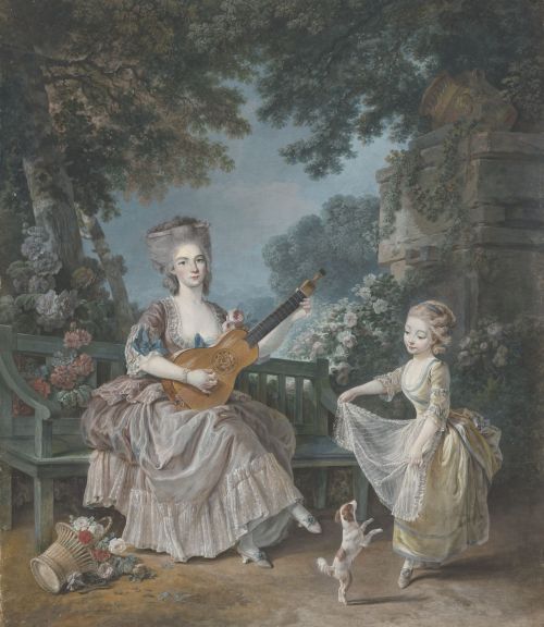Louis Rolland Trinquesse (1746 - 1800), A Lady Playing Guitar and a Child Playing with a Dog in a Ga