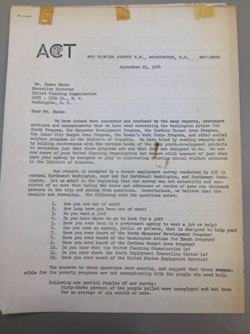 ACT Chairman Julius Hobson Writes To United Planning Organization Director James Banks That His Program