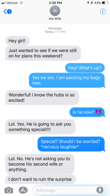 sluttytext:  cuckcakeaubrey:  A conversation between His wife and I… I love that she gives me a turn down service before I arrive! Now to see what’s going on with this vacation!!!  Xxx-A  Perfect wifey. 