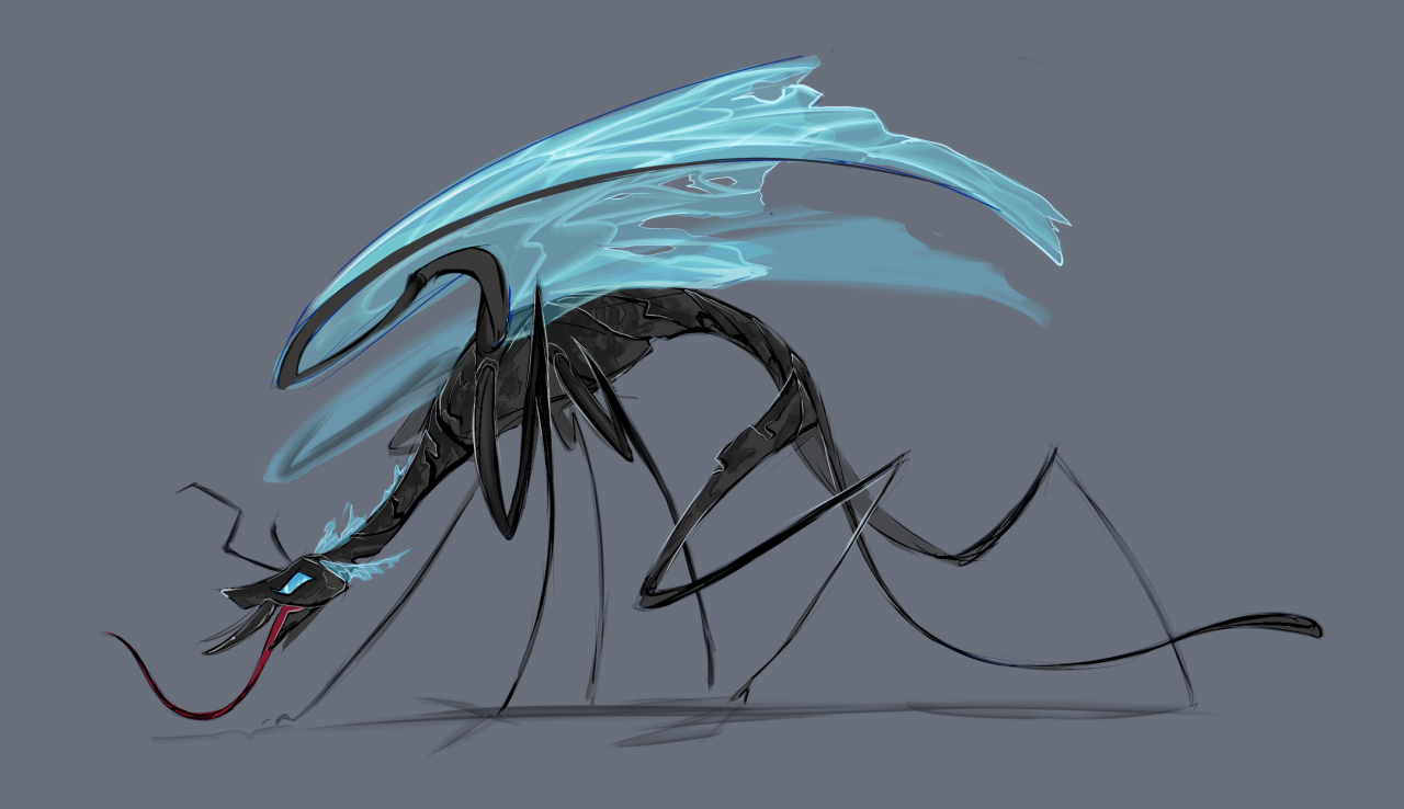 A semi-realistic drawing of a large, insecticide creature with long, spindly limbs and ripped blue wings. It is crouching and hissing defensibly, with a read tongue lashing at the air  The tip of its tail is round and flat, black like the rest of its body.