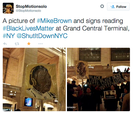 revolutionarykoolaid:Today in Solidarity (2/9/15): Protesters in New York City demonstrated for Mike Brown on the 6-month anniversary of his death at the hands of former Ferguson police officer Darren Wilson. Rest in power, Mike. #staywoke #farfromover