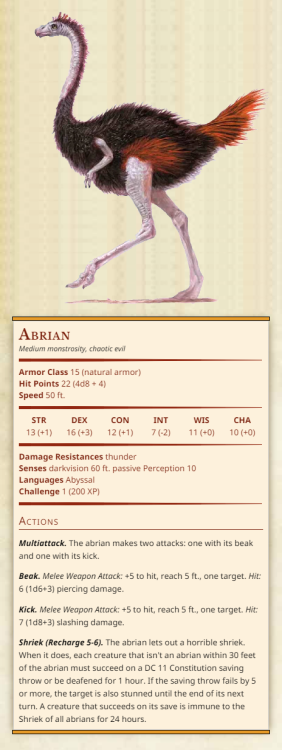 AbrianMedium monstrosity, chaotic evilArmor Class 15 (natural armor)Hit Points 22 (4d8 + 4)Speed 50 