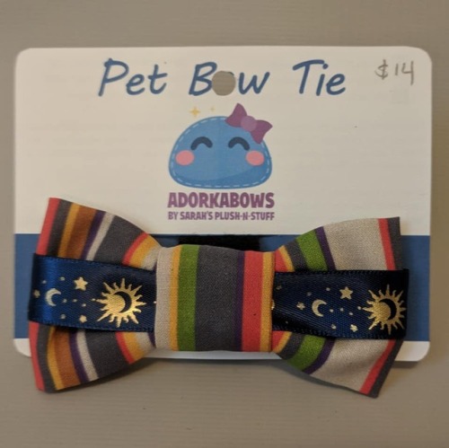 I made bow ties for pets. They have 4″ soft loop-and-latch straps that go around your pet’s collar. 