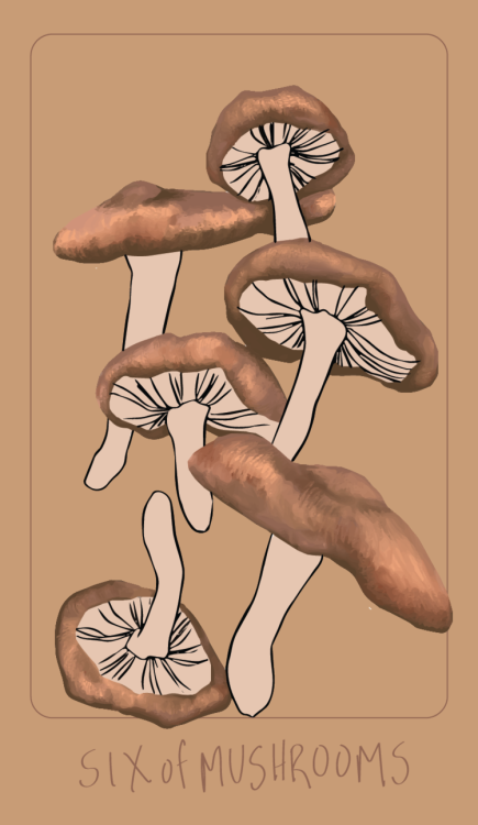 Six of Mushrooms. Art by Nisse Lovendahl, from  The Herbal and Spiced Culinary Tarot.