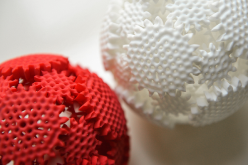 noanywhere: 3D printed spherical interlocking system of 64 individual gears Video here: 