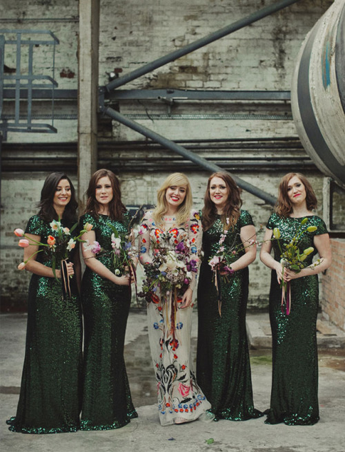 Featured by Green Wedding Shoes (Dan O’Day)Gown by Temperley LondonBridesmaids’ Gowns by Badgley Mis