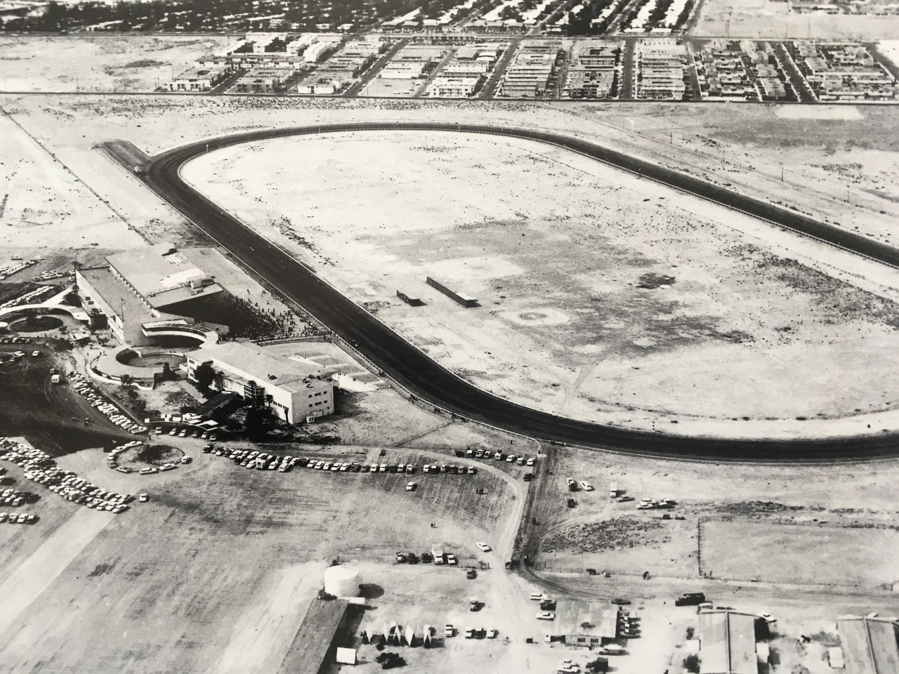 Las Vegas Park aka Joe W. Brown Racetrack, 1964
The track opened in ‘53, used intermittently until demolition in ‘66, and replaced with LV Country Club. The center of the building is the location of the gate to the country club. Karen Ave & Sahara...