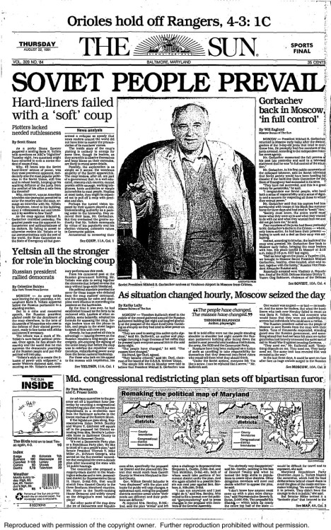 The Sun Front Page: August 22, 1991 Click on the newspaper above to get a closer view of the front p