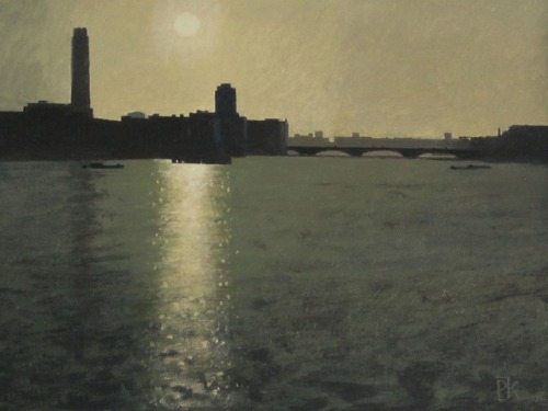 Sunset on the Thames  -   Peter KellyBritish, b.1931-Gouache  , 8  x 11 in  