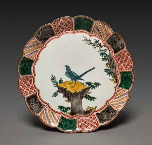 One of a Pair of Dishes with Singing Bird on a Rock: In Ko Kutani Style, 18th century, Cleveland Mus