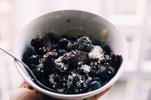 Desert! Soy yoghurt with chunks of raw chocolate brownies and blueberries, topped with white chocola