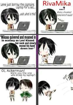 xtwistedxangel:Mikasa Discovers Levi’s browser history.I want to make more Rivamika/Chibi RivaMika comics, So please feel free to make suggestions/Requests in my ask box HERE!