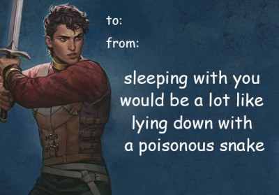 A card with Damen on it saying: Sleeping with you would be a lot like lying down with a poisonous snake
